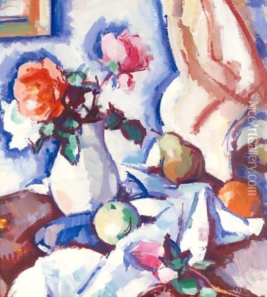 Roses in a White Vase Oil Painting - Samuel John Peploe
