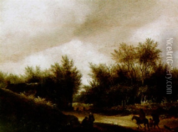 A Hilly Wooded Landscape With A Horseman And Other Figures On A Path Oil Painting - Guillam Dubois