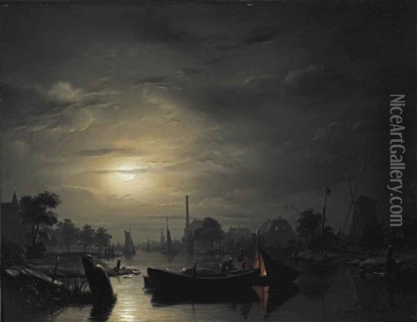 A River Landscape In Silver Moonlight Oil Painting - Petrus van Schendel