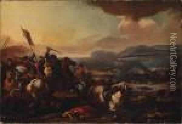 A Cavalry Battle Between Turks And Christians Oil Painting - Jacques Courtois Le Bourguignon