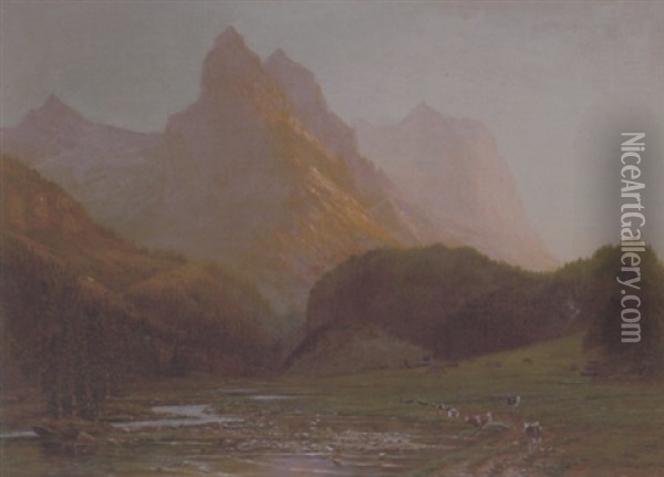 Bjergrigt Landskab Med Sollys Pa De Sneklaedte Tinder Oil Painting - Jorgen Hendrick Moller