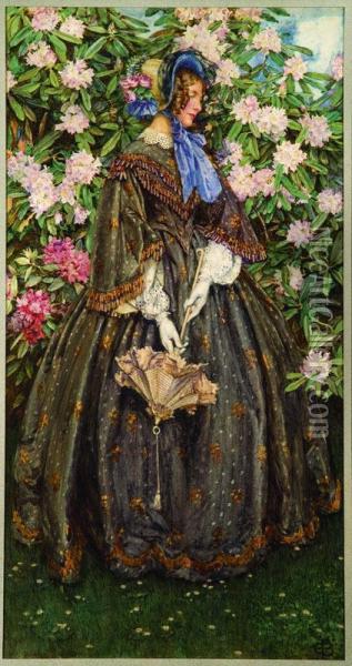 Victorian Lady Standing Before A Large Rhododendron Oil Painting - Eleanor Fortescue Brickdale