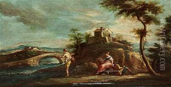 Personer I Et Pastoralt Flodlandskab Omgivet Af Bjerge Oil Painting - Bartolomeo Pedon