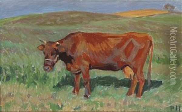 A Red Danish Cow Oil Painting - Peter Marius Hansen