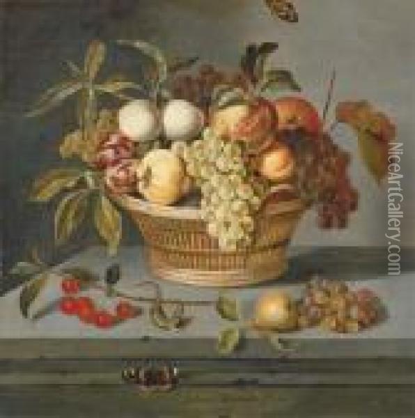 Grapes With A Pear, An Apricot, 
Apples And Plums In A Wicker Basketwith A Sprig Of Cherries Oil Painting - Ambrosius the Younger Bosschaert