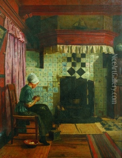 Junge Frau Beim Kartoffelschalen Oil Painting - Henrik Nordenberg