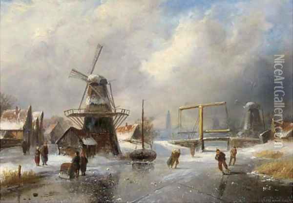 Overtoom bij Amsterdam skaters on a frozen canal Oil Painting - Charles Henri Leickert