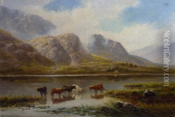 Cattle In A Highland Landscape; Cattle Watering Oil Painting - Thomas Seymour