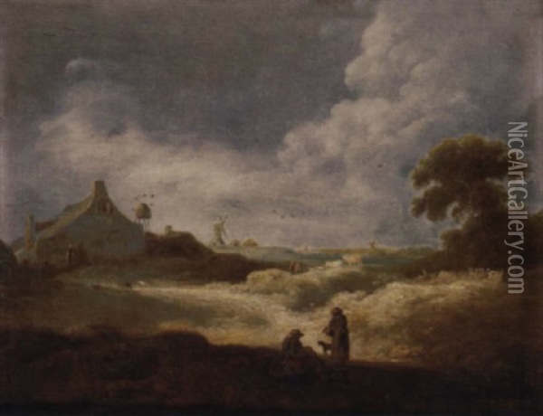 An Extensive Landscape With Peasants In The Foreground, A Farmhouse And A Windmill Beyond Oil Painting - Pieter de Bloot