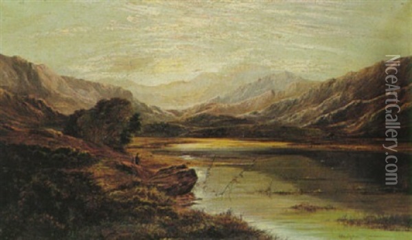 A North Wales Lake Oil Painting - Charles Leslie