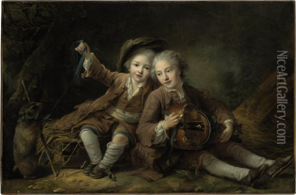 The Children Of The Duc De Bouillon Dressed As Montagnard Oil Painting - Francois-Hubert Drouais