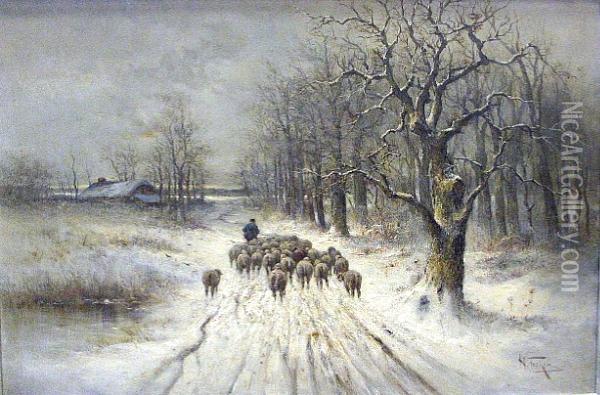 Sheep In A Snow-covered Landscape Oil Painting - Hugo Fisher