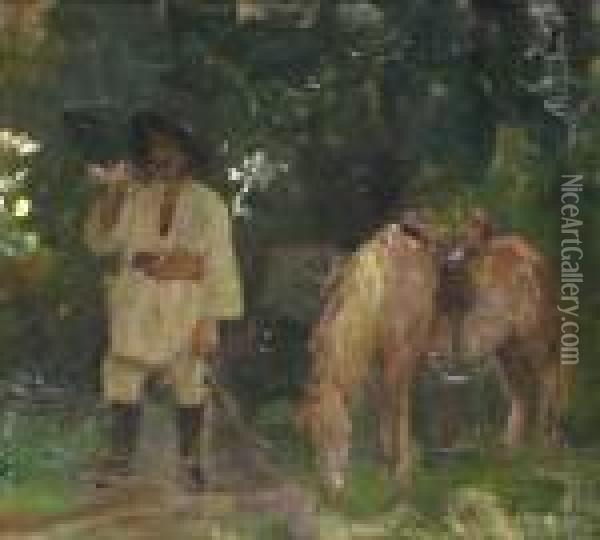 Peasant With Horse Oil Painting - Arthur Verona