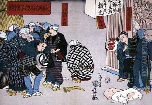 Moral teaching for shopboys giving good and bad examples of behaviour Oil Painting - Utagawa Kuniyoshi