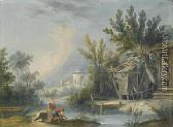 A River Landscape With A Couple Fishing By Ahut, A Village Beyond Oil Painting - Jean-Baptiste Le Prince