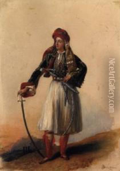 Portrait Of A Young Man In Greek Costume Standing Before The Acropolis Oil Painting - Alexandre-Jean Dubois Drahonet
