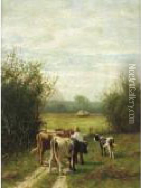 Herding Cattle; Watering By A Stream Oil Painting - William Frederick Hulk
