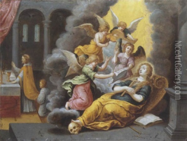 La Mort De Sainte Madeleine Portee Par Des Anges Oil Painting - Vincent Adriaenssen
