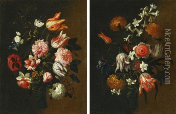 Still Lifes With Tulips, Roses And Other Flowers Tied In Bunches (pair) Oil Painting - Mario Nuzzi