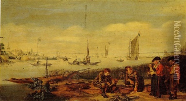 An Estuary Scene, With Fishermen Displaying Their Catch To A Peasant Couple On The Shore Oil Painting - Arent (Cabel) Arentsz