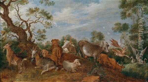Ziegen, Kuhe Und Ganse In Einer Bewaldeten Landschaft Oil Painting - Gillis Claesz De Hondecoeter