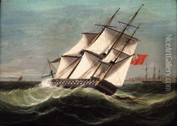 A 48-gun Frigate Heeling In The Wind Oil Painting - James E. Buttersworth