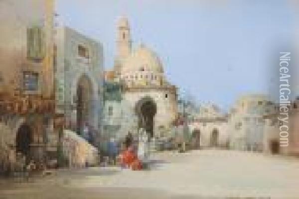 A Middle Eastern Square And Traders Oil Painting - Noel Harry Leaver