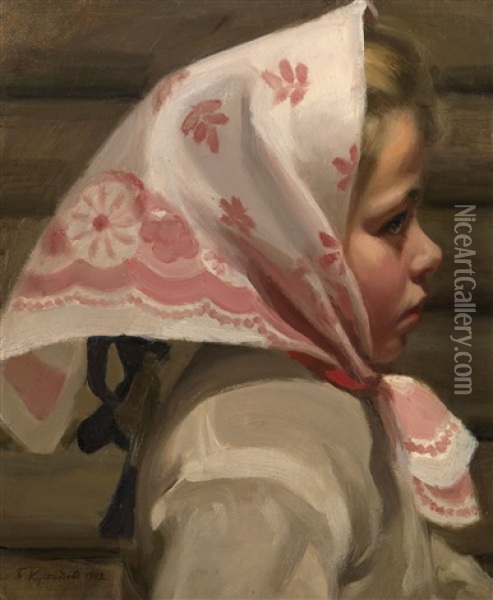 Portrait Of A Girl Wearing A Scarf Oil Painting - Boris Mikhailovich Kustodiev