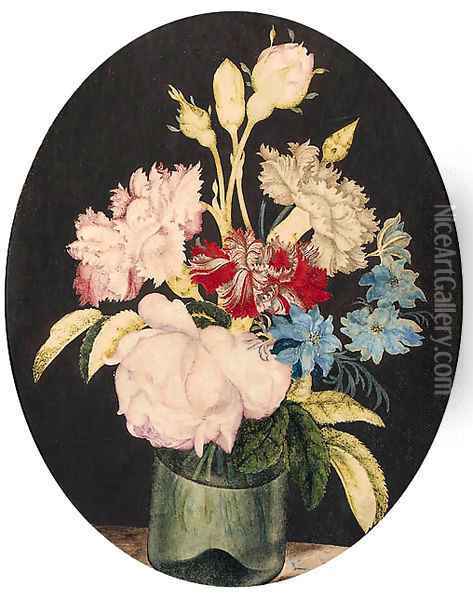 Still-life of Rosa centifolia Cabbage Rose, Dianthus caryophyllus Carnation and Nigella var Oil Painting - Alexander Marshal