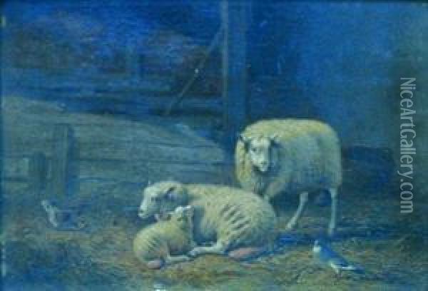 Moutons Dans La Bergerie. Oil Painting - Joseph Van Dieghem