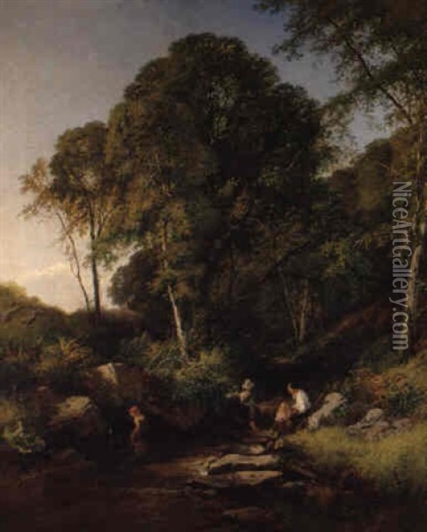 Figures By A Stream In A Woodland Glade Oil Painting - Henry John Boddington