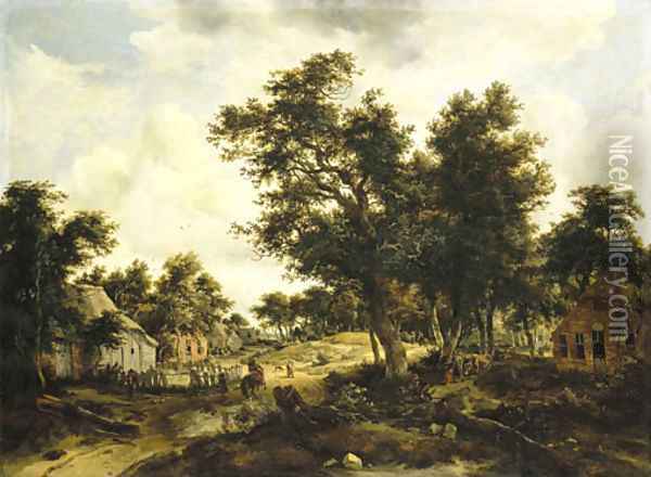 A wooded landscape with travellers on a path through a hamlet Oil Painting - Meindert Hobbema