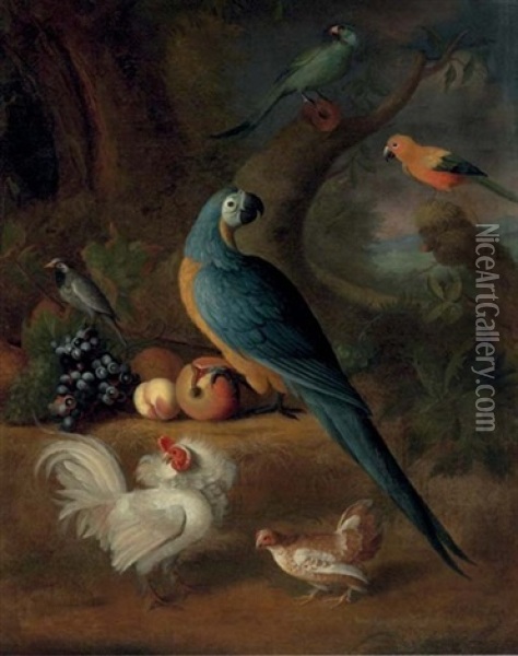 Parrots, Chickens, And Other Birds, In A Landscape Oil Painting - Louis (Lewis) Hubner