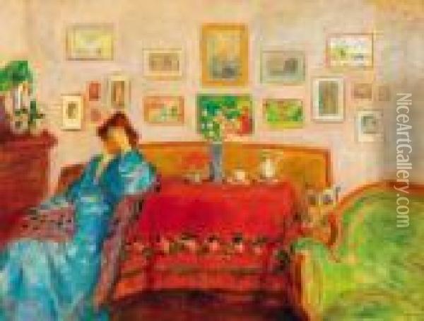 Lady In Blue Dress In Interieur, Around 1906 Oil Painting - Jozsef Rippl-Ronai