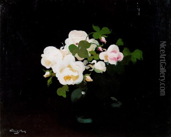 Lemon And Pink Roses In A Vase Oil Painting - Stuart James Park
