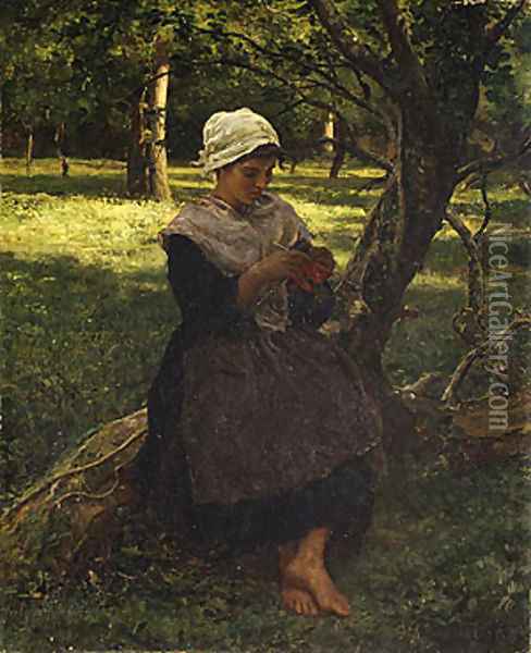 A Peasant Girl Knitting 1873 Oil Painting - Jules Breton
