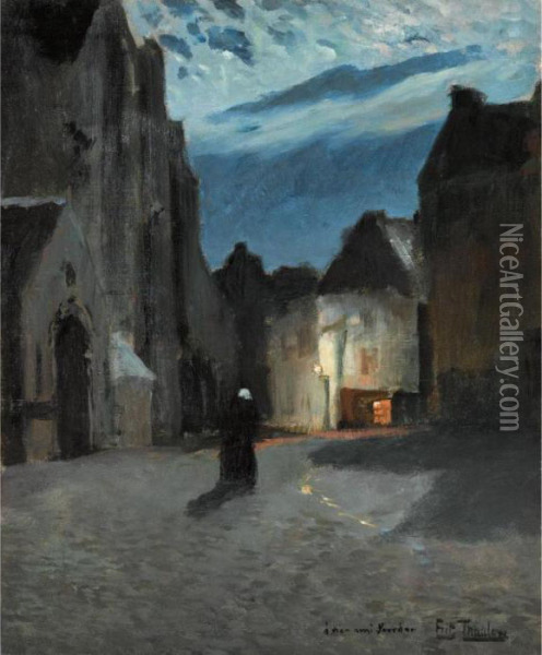 Landsby I Maneskinn (town By Moonlight) Oil Painting - Fritz Thaulow