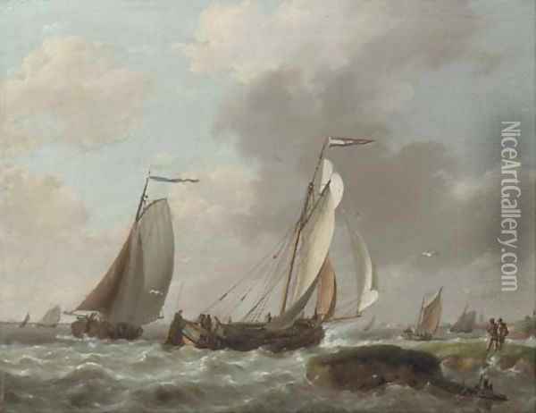 Shipping by a coast in a brisk wind Oil Painting - Johannes Hermanus Koekkoek