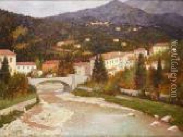 Ponte Sul Fiume Torre Da Villa Caterina Oil Painting - Guglielmo Ciardi
