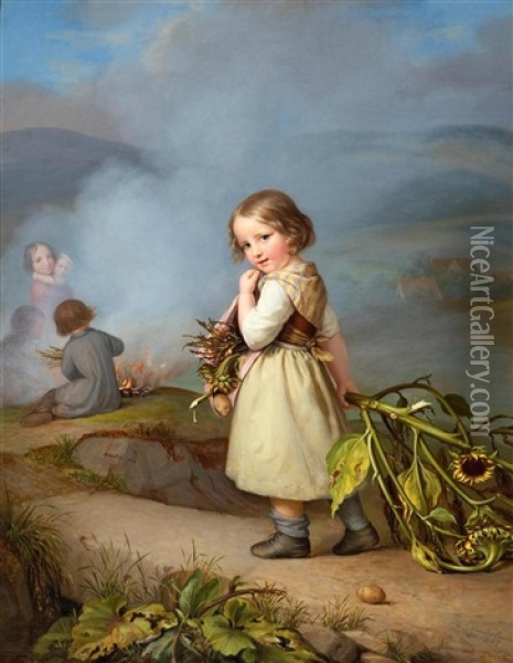 Girl On Her Way To Cooking Potatoes In The Fire Oil Painting - August von der Embde