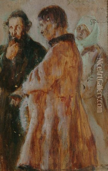 Three Figures In Discussion Oil Painting - Stanislaw Rejchan