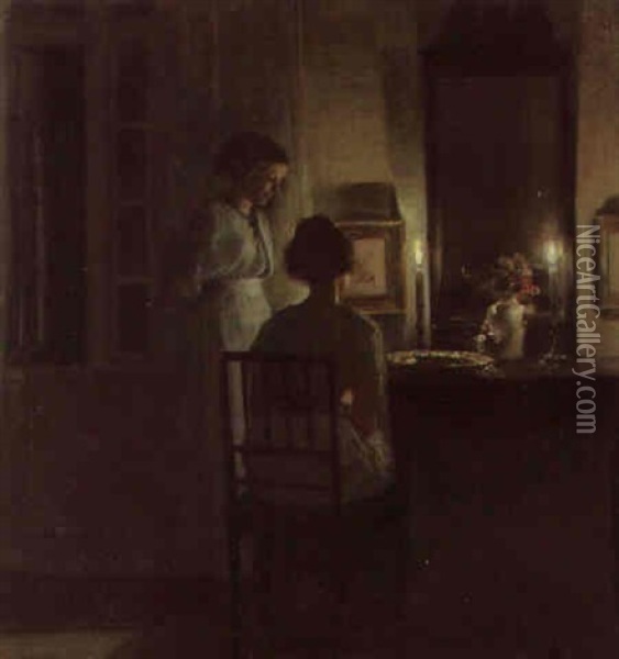 Women In A Candle-lit Interior Oil Painting - Carl Vilhelm Holsoe
