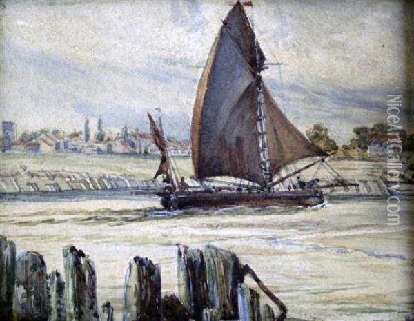 Sailing Barge On A Waterway Oil Painting - Johann Hendrik Van Mastenbroek
