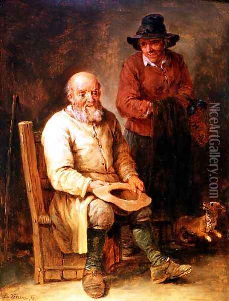 A man seated with a woman by his side and a dog at their feet Oil Painting - David The Younger Teniers