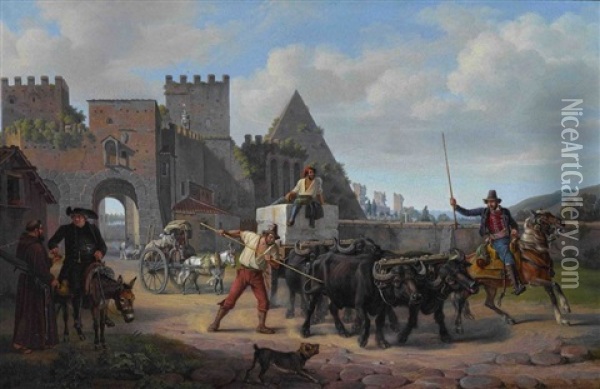 Ochsengespann Vor Der Porta San Paolo In Rom Oil Painting - Dietrich Wilhelm Lindau