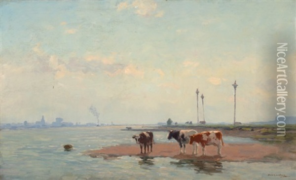 Cows On The Water's Edge Oil Painting - Bernardus Antonie Van Beek