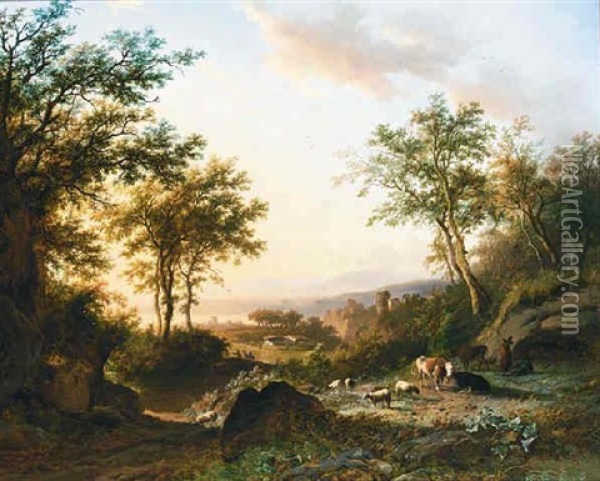 A Panoramic Landscape With Cattle And Herdsmen Resting Oil Painting - Willem Bodemann