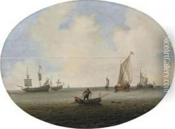 Shipping In A Calm Sea, With Fishermen Drawing In Their Nets, And Dutch Frigates And Other Vessels Beyond Oil Painting - Willem van Diest