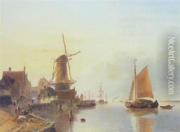 Estuary Scene Oil Painting - Jan Hendrik Willem Hoedt