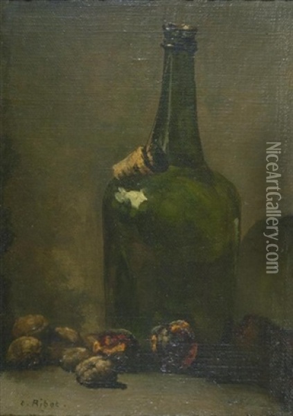 Stillleben Mit Gruner Flasche Und Fruchten Oil Painting - Theodule Ribot